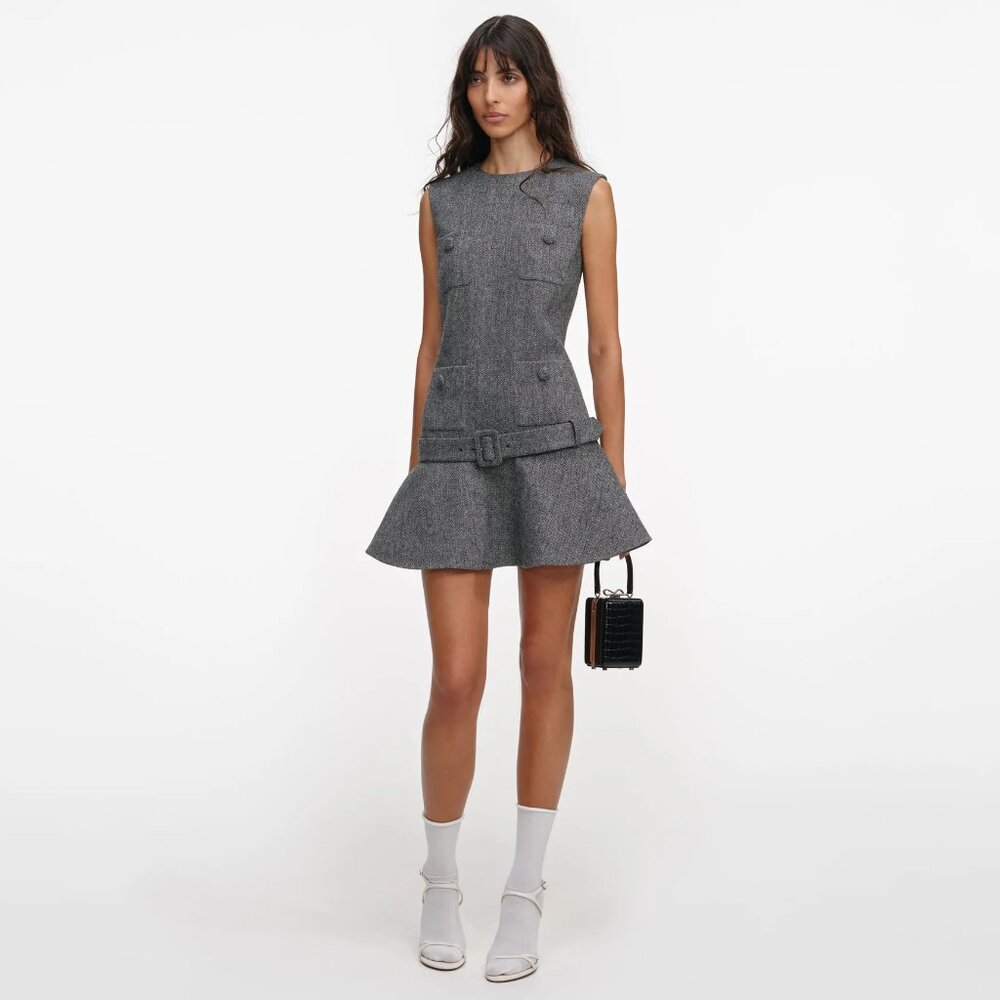 Self-Portrait NWOT GREY HERRINGBONE FLARED MINI DRESS